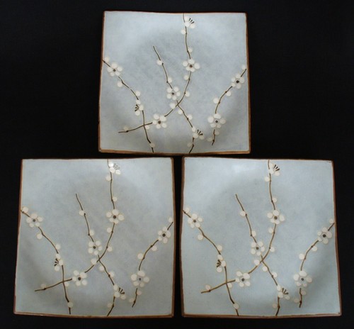 3~KAFUH~Japanese Ceramics~CHERRY BLOSSOM~Brown Stem~BLUE PLATES~5.25"x5.25"~EC - Picture 2 of 9