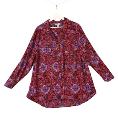 Catherines Floral Geometric Print Button Top Womens 1X Red Purple Ethnic Boho