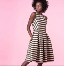 Lord & Taylor 424 Fifth A-line Dress Lined Striped Size 12 Pleated Pockets