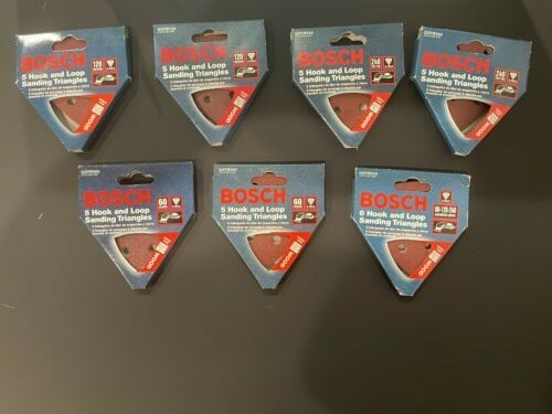 BOSCH HOOK AND LOOP SANDING TRIANGLES LOT OF 7. 2 PKS 60X, 2 PKGS 120X, 2 PK 240