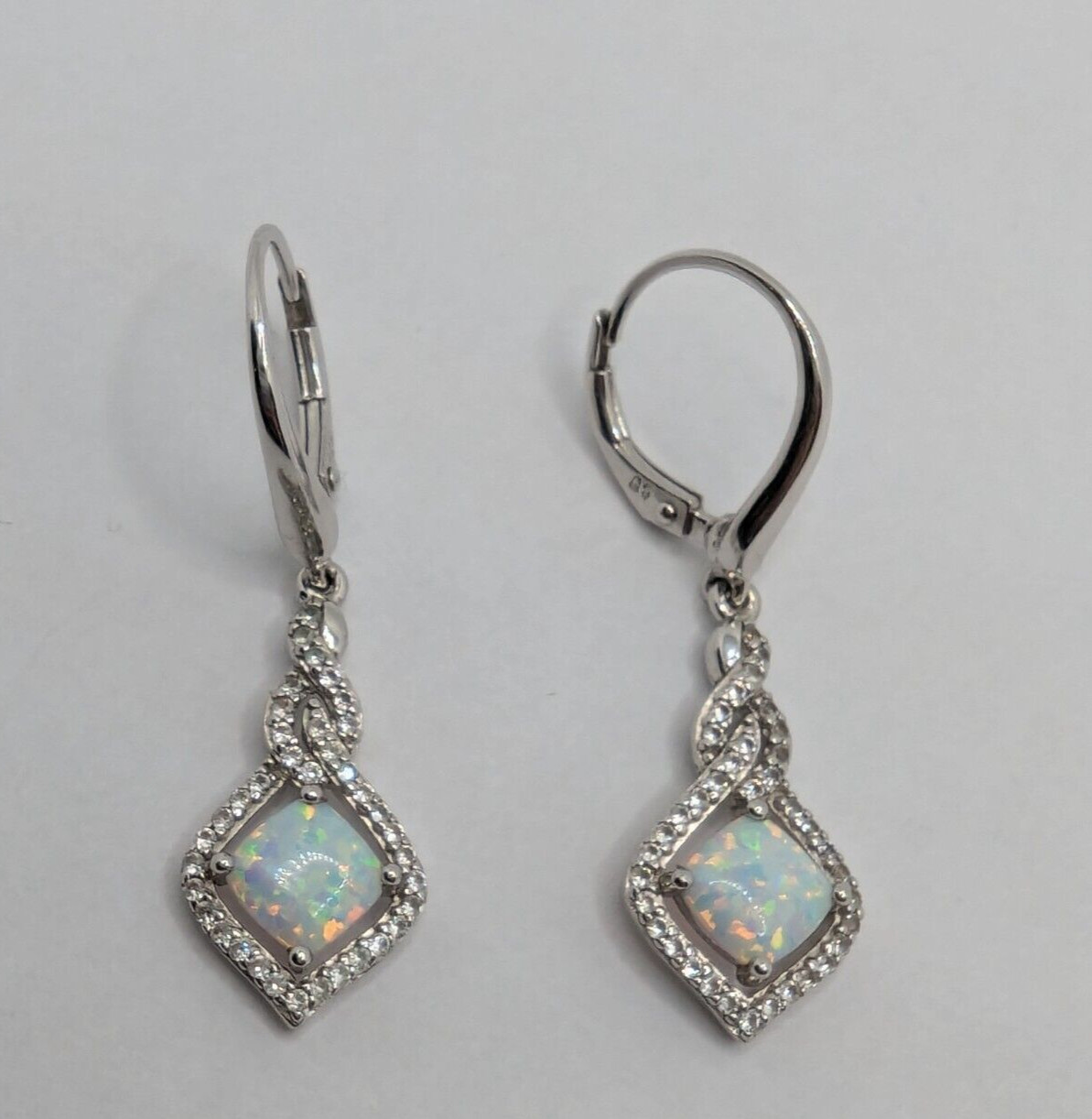 Zales Sterling Silver 925 lab-created Opal & White Sapphire  Dangle Earrings