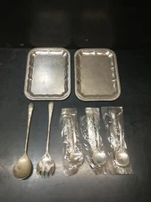 Lot of 7 Vintage Serving Spoon, Salad Fork, spoons 2 Trays Plated Italy Souvenir