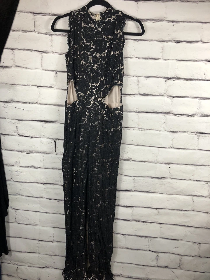 Mono Missguided para mujer talla 14 manga menos negro/beige encaje recortado laterales Foto 2 de 4