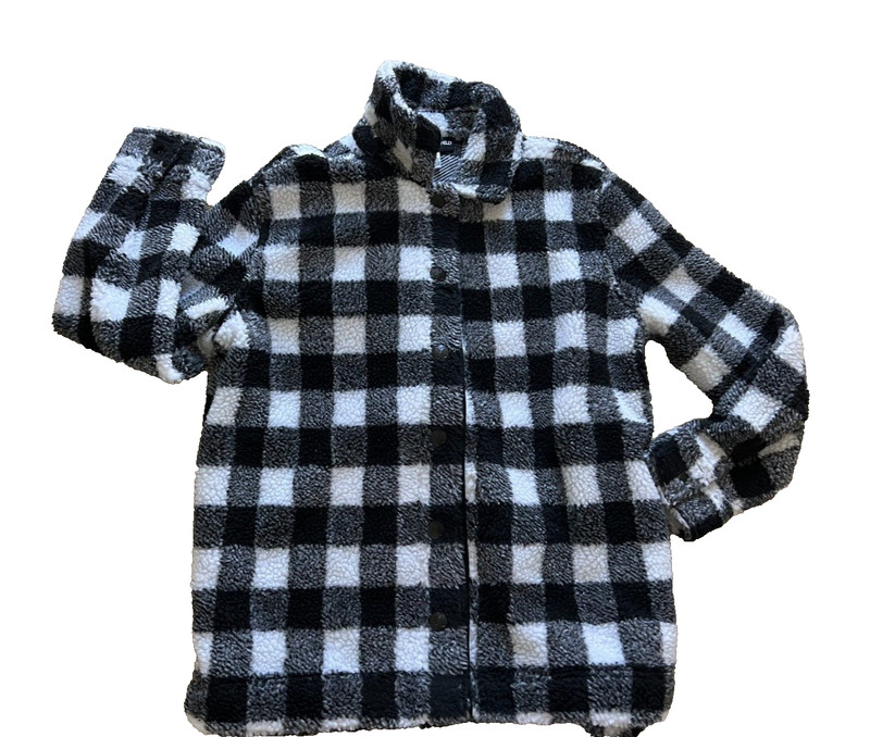 NWOT NEW Karl Lagerfeld fleece top front snap long sleeves pockets S SMALL plaid