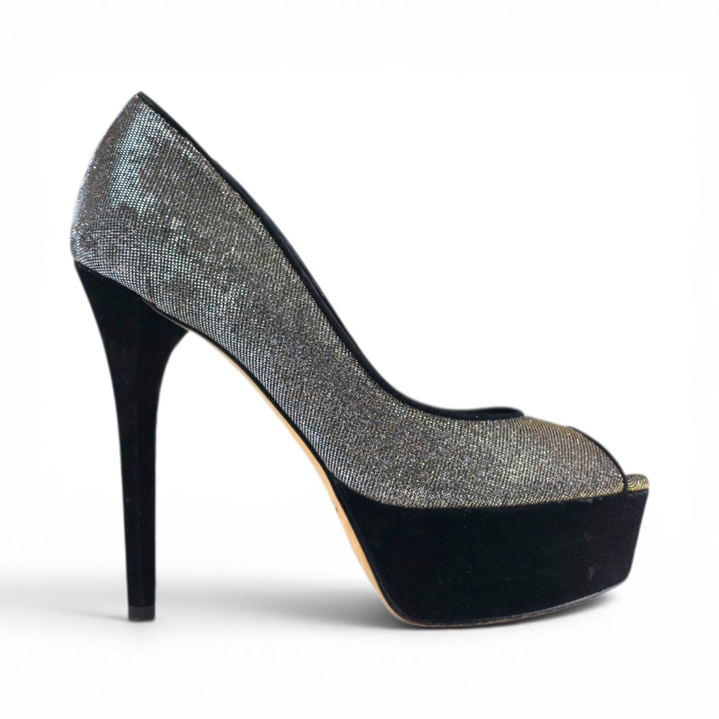 Brian Atwood Women's Black Silver Suede Platform Stiletto Peep Toe Slip On 8