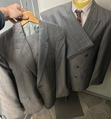 Herren 70er 80er Jahre Vierteiler Blau Grau Gestreift Anzug DB SB Vintage European NOS M