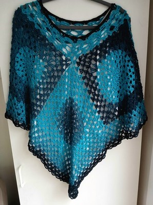 Women's Turquoise Hand Crochet Cotton Slouchy  Poncho Top Boho One Size