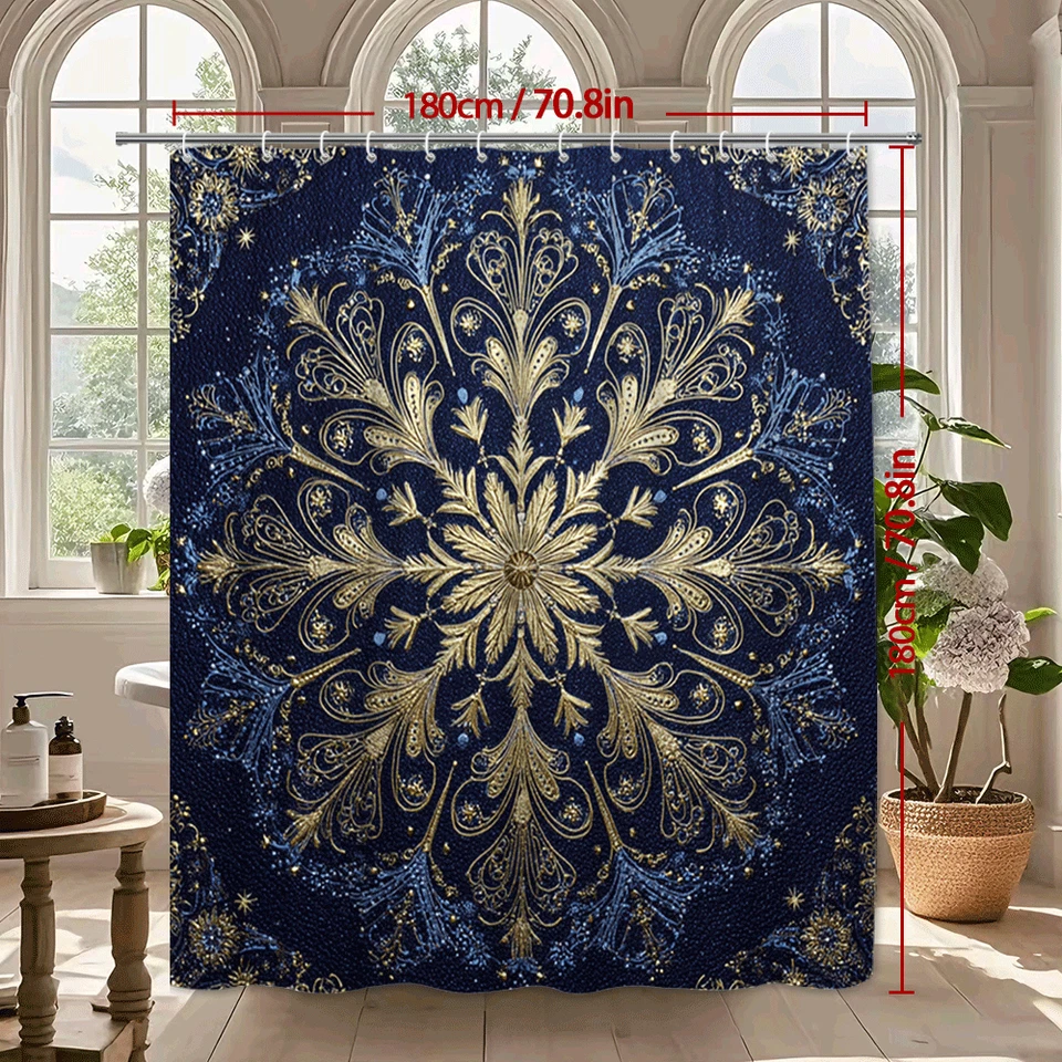 Cortina de ducha diseño mandala azul real y dorado para baño elegante de lujo Foto 3 de 4