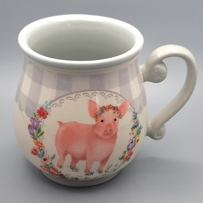 Pioneer Woman Gray Gingham Pig Pot Belly Stoneware Coffee Mug 16oz Farm Country