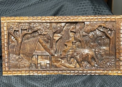 Vintage Artisan 3D Hand Carved Figural Wooden Plaque Asian Elephant Forest Scene