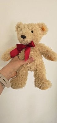 Handarbeit von Steiff goldener Teddybär 11''/28 cm mit roter Satinschleife 022593