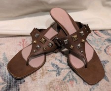 PRADA Tan Brown Leather Studded T-Strap Kitten Heels Sandals 38.5 US 8
