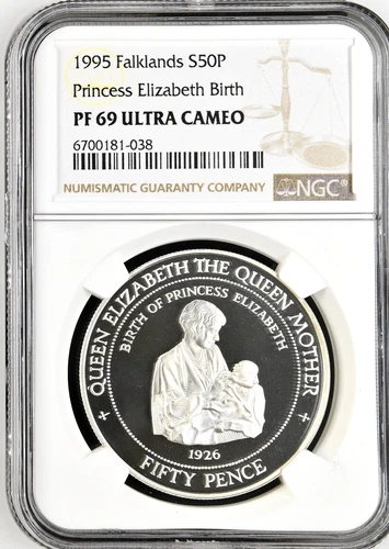 1995 Falkland 50 Pence Birth of Princess Elizabeth Silver NGC PF 69 ULTRA CAMEO