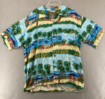 Pineapple Connection Blue Hawaiian Shirt Mens L Cars Palm Trees Print