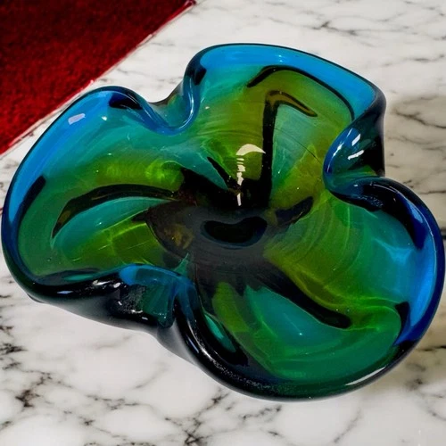 Murano Sommerso Art Glass Bowl 6"x2" BlueGreen w/ Amber Base MCM Italy