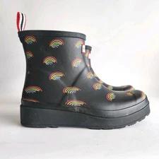 Hunter Play Short Mini Rainbow Print  Platform Rubber Boots Pride LGBTQI+ Sz 10