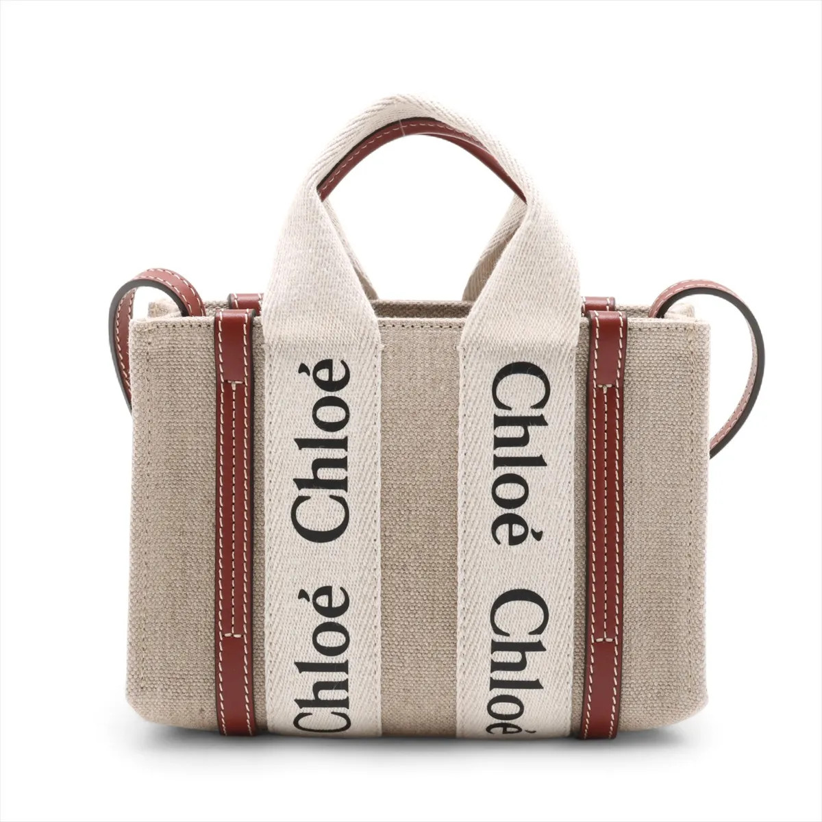Chloe woody Nano Canvas & Leather 2 Way Handbag Beige×Brown
