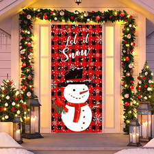 Plaid Christmas Door Cover Snowman Door Banner Decorations Red Black Buffalo ...
