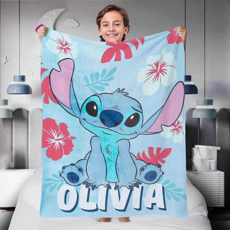 Personalized Disney Stitch Hibiscus Aloha Light Blue Cozy Fleece Blanket