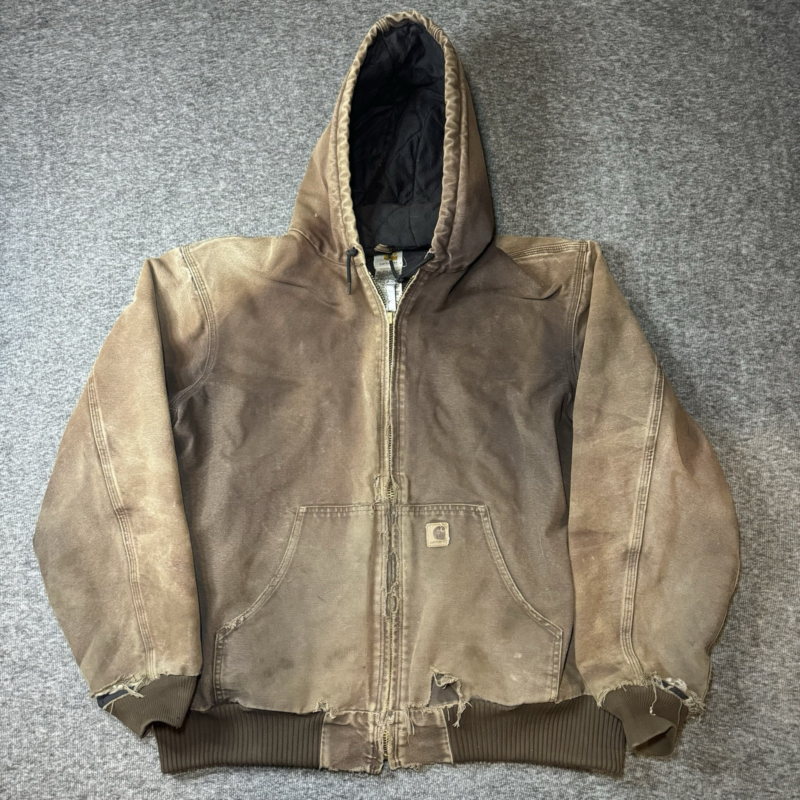Vintage Carhartt Jacket Mens XL Brown Quilt Duck Canvas Hooded Distressed Faded