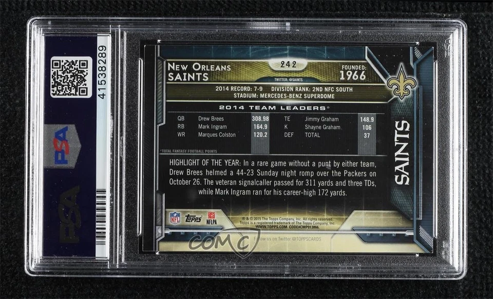 2015 Topps New Orleans Saints Drew Brees #242 PSA 8 - Image 2 of 2