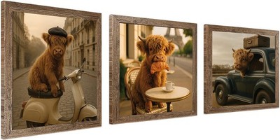 3er-Set gerahmte Bilder HOCHLANDRINDER IN PARIS 3 x 23 x 23 cm Tiermotiv modern