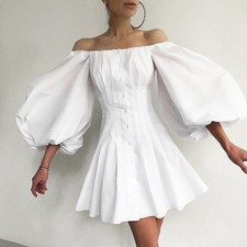 Dress Puff Sleeve Cotton Pleated Flared Princess Retro Elegant Lady Off Shoulder