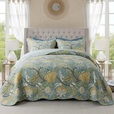 Queen Green Floral Cotton Quilt Set 3 Piece Reversible Bedspread Pillow Shams