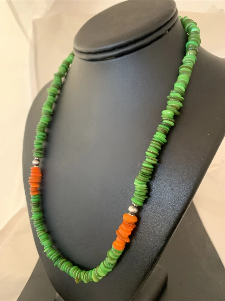 Collar Navajo Naranja Verde Madreperlas Plata Esterlina Cuentas 01054 Foto 3 de 4