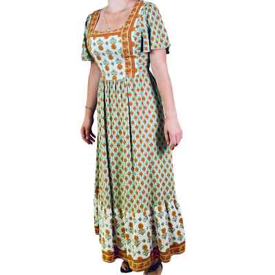 Anna Kaci Maxi Dress Floral Multi Print Ruffle Hem Sz Sm Boho Milkmaid NWT