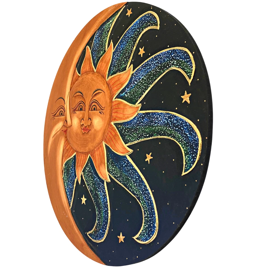 Escultura de pared Sun & Moon Sunburst arte bali tallado a mano pintado azul verde Foto 2 de 4