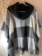 V Frass cowl neck black and white tassled poncho shawl buttons to make sleeves 