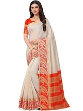 Women's Cotton Blend Heavy Zari Contrast Border Banaras Saree With Blouse Piece