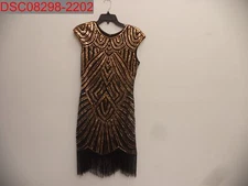 Babeyond Womens Black, Gold & Silver Sequin & Fringe 1920's Flapper Dress S 6263
