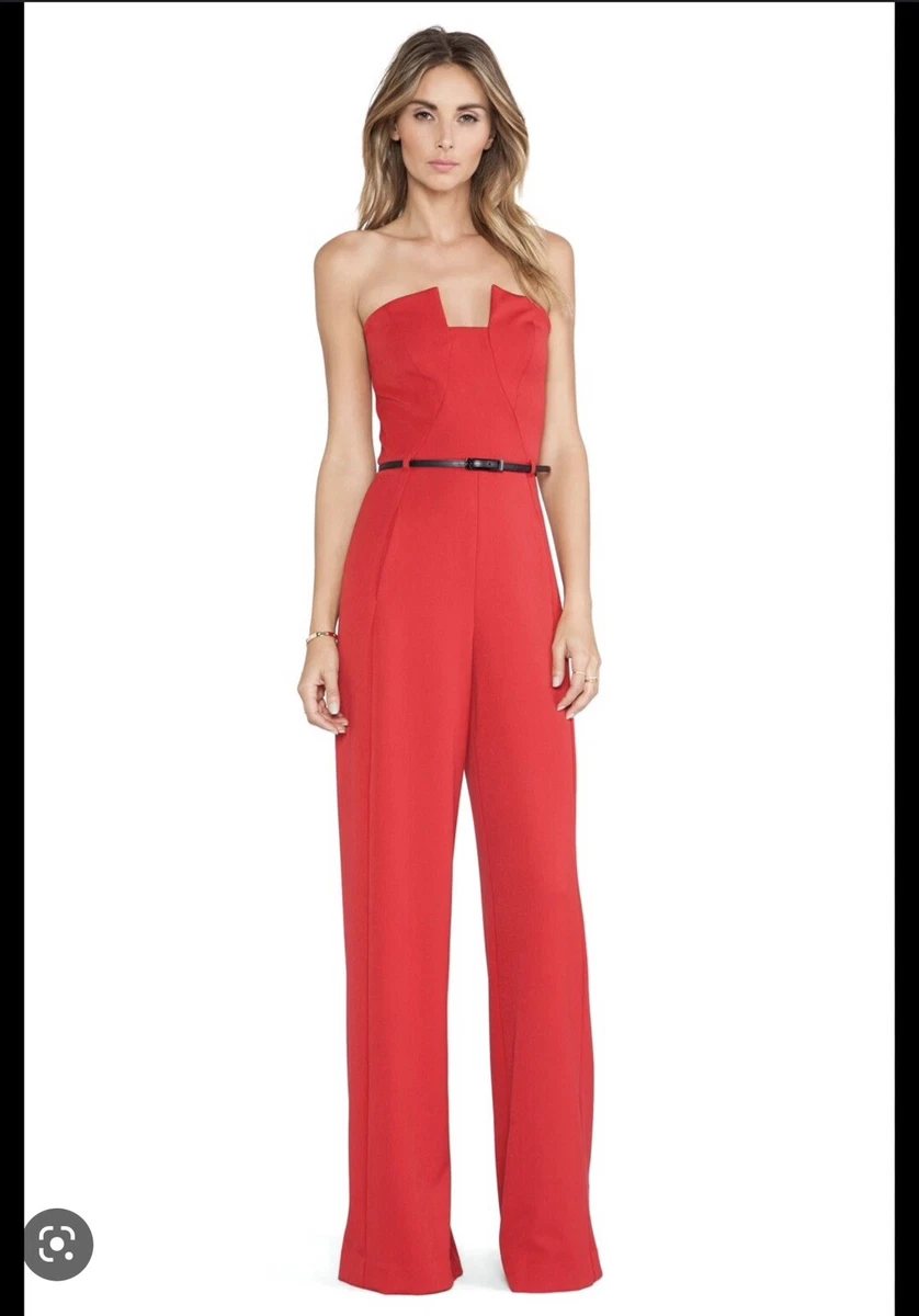 $415 Black Halo Women's red Strapless Square Notch Neck Lena Jumpsuit Size  0