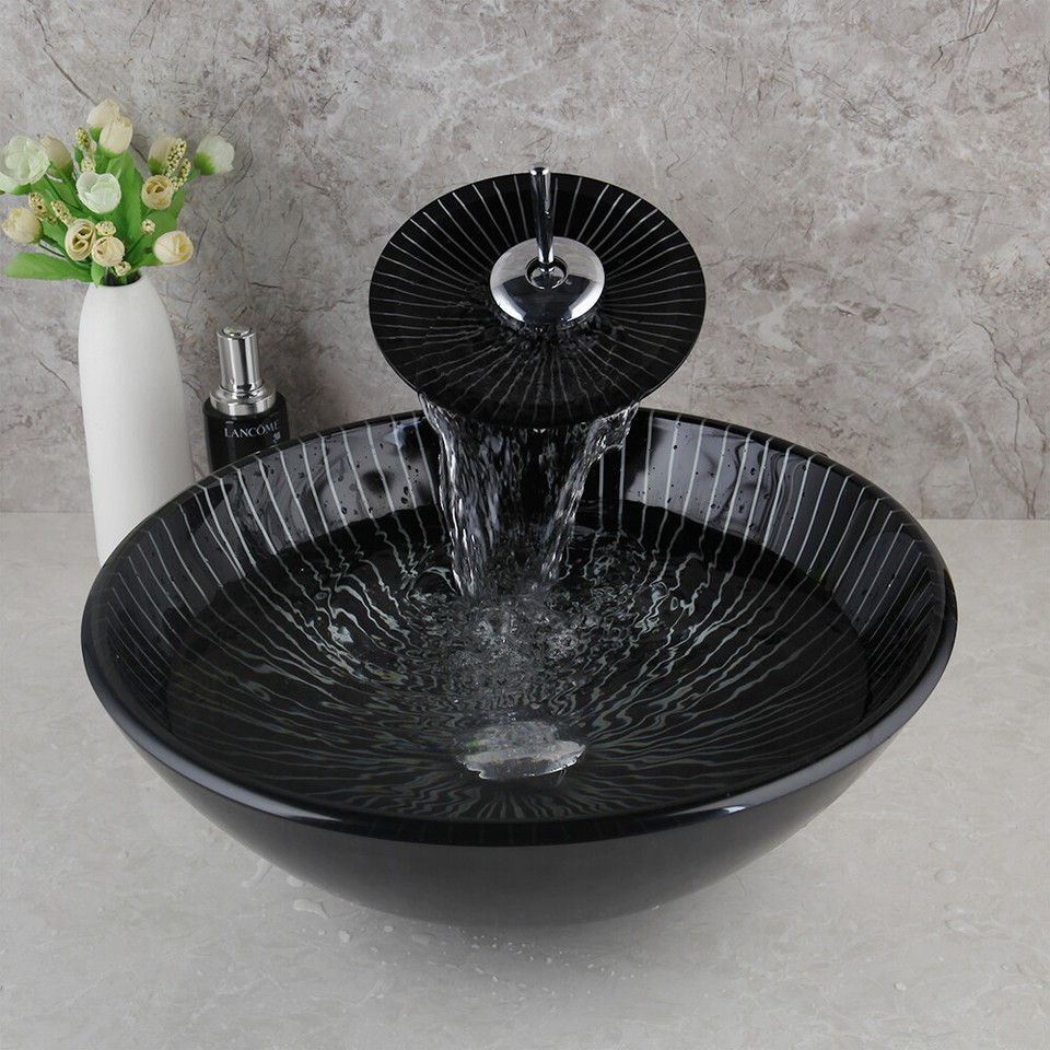 Black Tempered Glass Bathroom Basin Bowl Container Vessel With Mixer ...