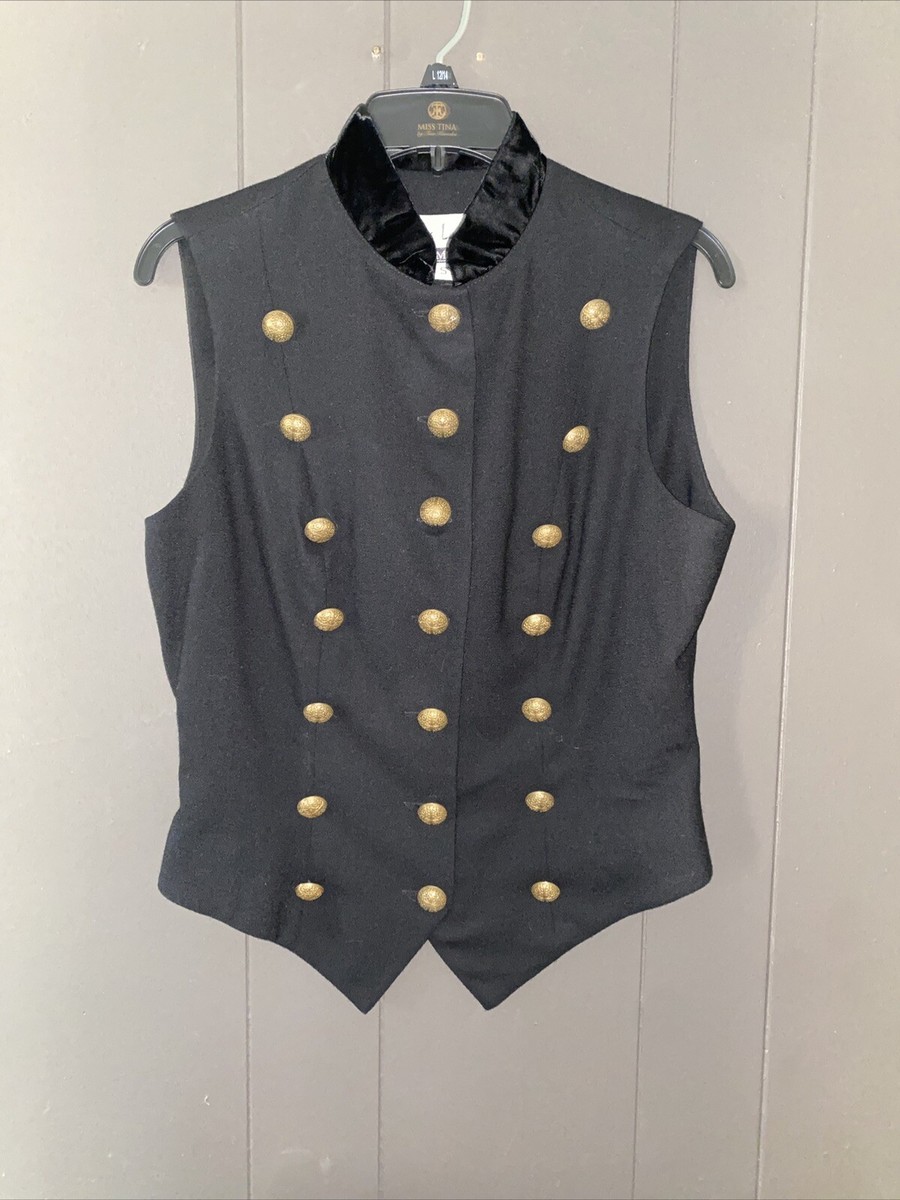 VTG 90s Black Vest Military Style Waistcoat Brass Buttons W Sz S Wool Designer VTG 90s Black Vest Military Style Waistcoat Brass Buttons W Sz S Wool Designer