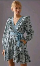 Anthropologie Ruffle Wrap Mini Dress Floral Printed Long Sleeve Lace Smocked XXS