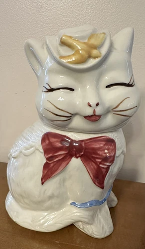 VTG 1950s PUSS N BOOTS Kitsch Ceramic Cookie Jar, Hand Painted Shawnee Pottery