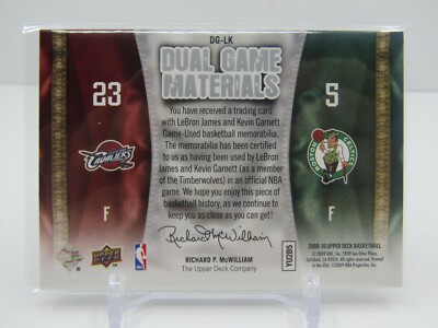 LeBRON JAMES/ KEVIN GARNETT 2009-10 UD DUAL GAME MATERIALS DUAL