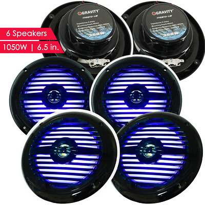6x Gravity MG670-LW 6.5'' inch 2-Way 1050 Watts Marine Speakers CEA Rated - Black