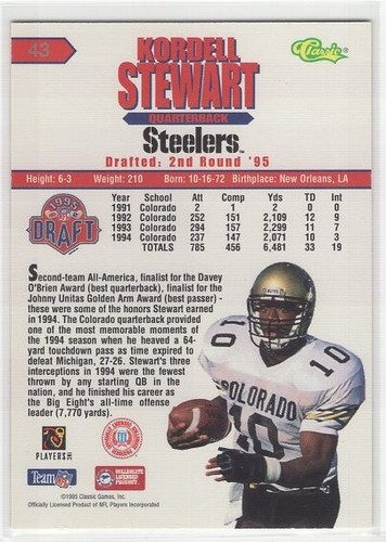 1995 Classic NFL Draft - #43 Kordell Stewart (RC) Pittsburgh Steelers - Picture 2 of 2