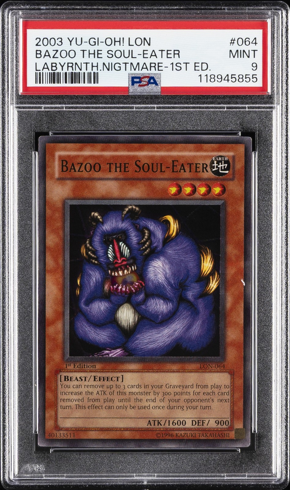 2003 YU-GI-OH! LON-LABYRINTH OF NIGHTMARE 1ST EDITION BAZOO THE SOUL-EATER PSA 9