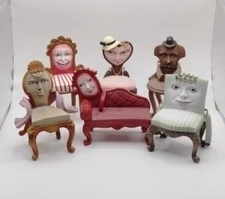 Vintage Victorian Style Moon Face Chair & Couch Lot 6 Figures Figurines