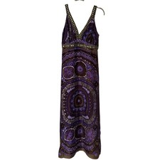 ITW by Claude Brown Purple Geometric Boho Maxi Dress Studded V-Neck Size 6