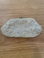 Clutch Purse Vintage Italian Beads Ivory Made In Hong Kong Kiss Close