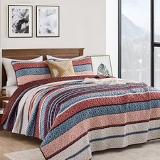 Red Blue Quilt Set King Size Classic Geometric King 104" 90" Striped Red 