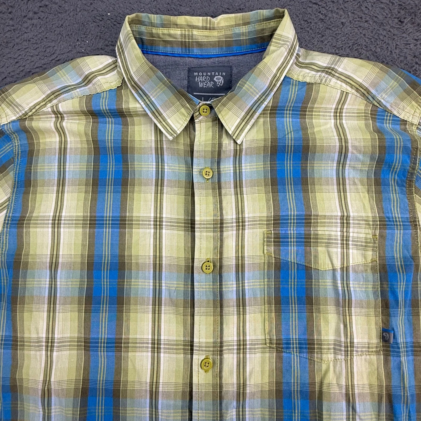Mountain Hardwear Shirt Mens Large Green Blue Plaid Short Sleev Button Up Hiking