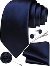 Solid Color Ties for Men Silk Satin Necktie and Pocket Square Dark Navy Blue