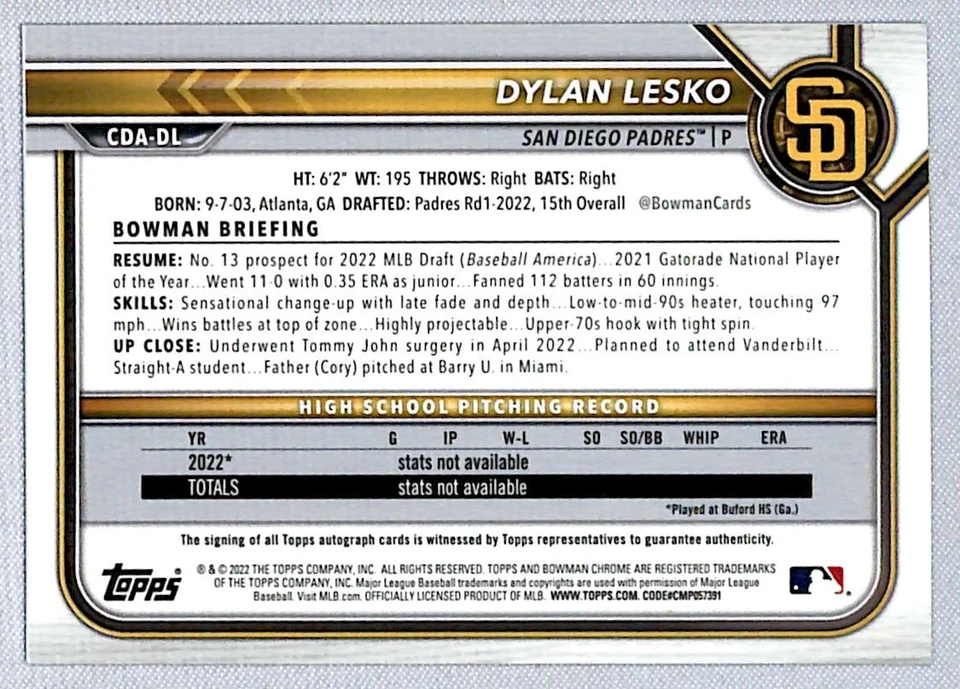 Dylan Lesko 2022 Bowman Draft Chrome Pick Blue Auto /150 #CDA-DL San Diego - Image 2 of 2